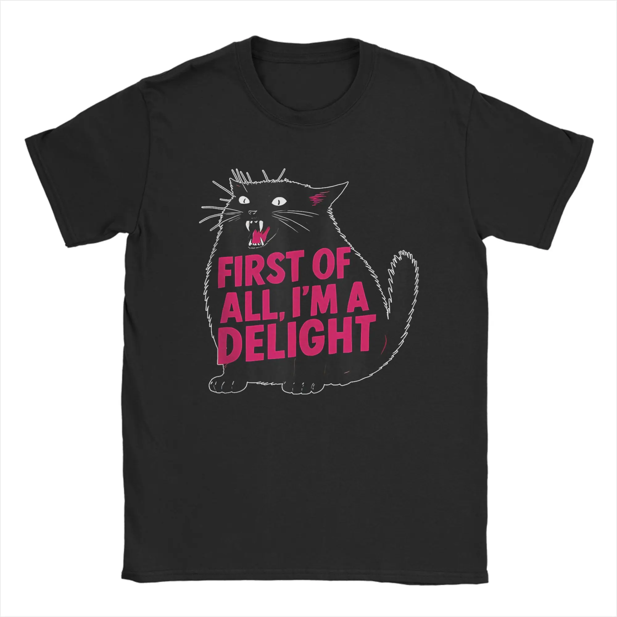 First of All I'm a Delight Roaring Black Cat Herren T-Shirt Hipster T-Shirt Kurzarm O-Ausschnitt T-Shirt Baumwolle Geburtstagsgeschenk Tops