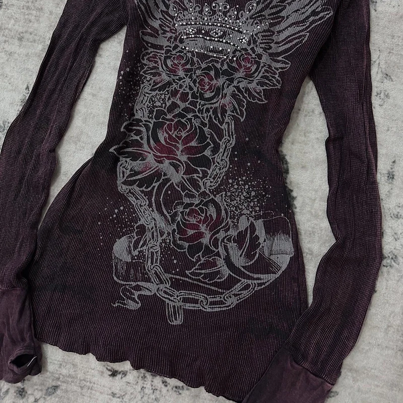 Gothic Dark Style Spicy Girl Long Sleeve Printed T-Shirt Autumn Retro Y2K Top for Women 5