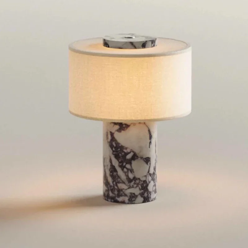Marmor Bordlampe med Stofskærm – Trådløs, Dæmpbar LED & Touch 2