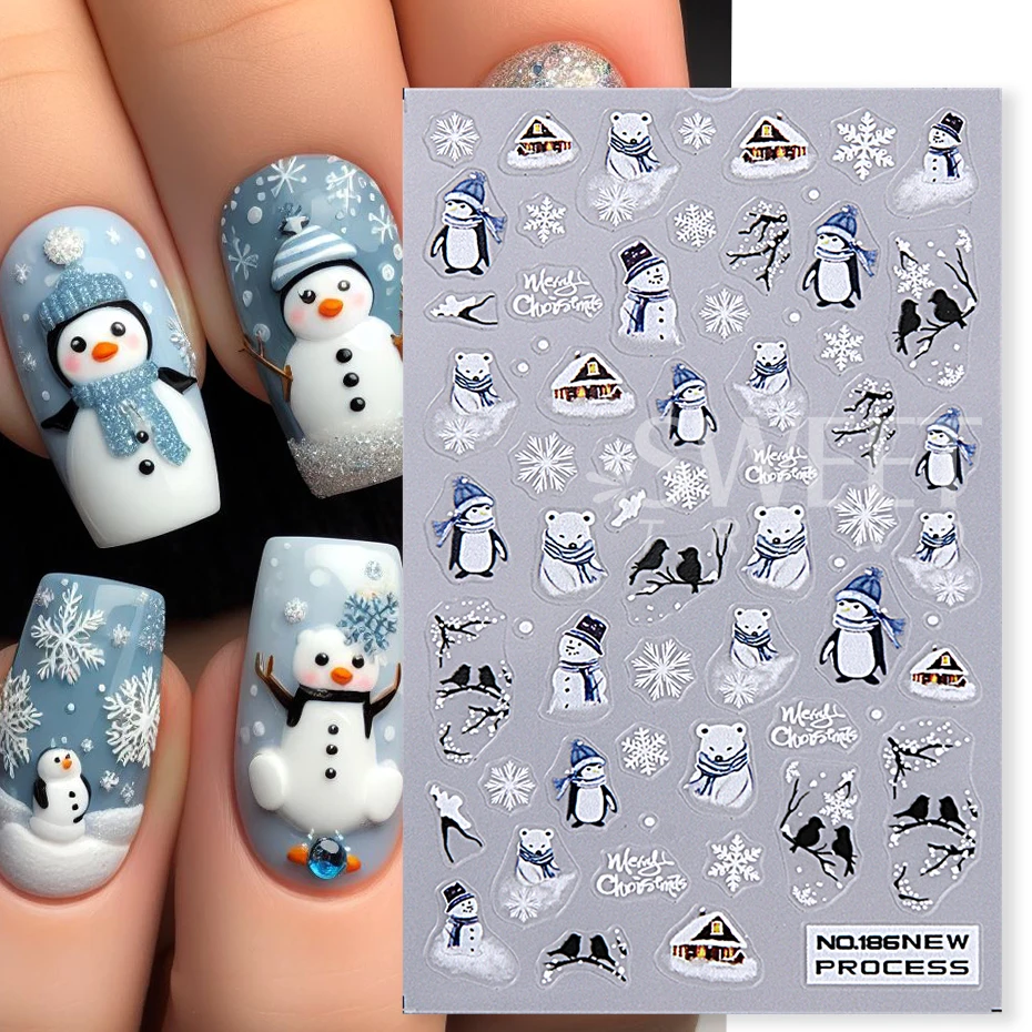2pcs Christmas Series Nails Manicure Stickers Forest Elk Snowman Penguin Bunny Bear Design Foils Winter Silhouette Decals Decor
