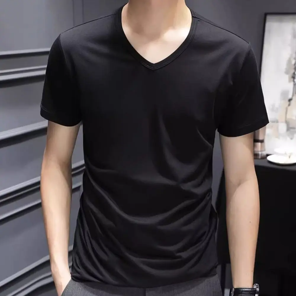 Fashion V-Neck T Shirts for Men Simple Loose Short Sleeve T-shirt Large Size Bottoming Shirt Basic T-shirt Male