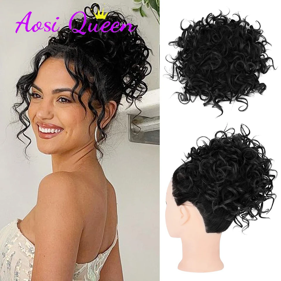 Hair Extensions AOSI Synthetic Elastic Drawstring Loose Wavy Big Curly Hair Bun 60g Short Synthetic Ponytail Hair Extensions For Women Daily Use