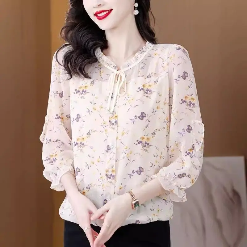 

Elegant Fashion Floral Elasticity Blouse Women Classic Long Sleeve Ruffles Lace Advanced Sense Single-breasted Lady Shirt
