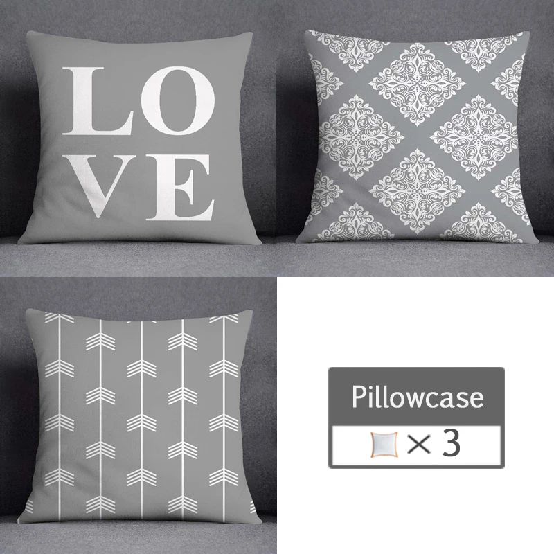 3pcs/lot 45X45CM Gray Lumbar Pillow Case Polyester Geometry Leaf Floral Stripes Plaids Print Sofa Throw Cushion Cover Home Decor 