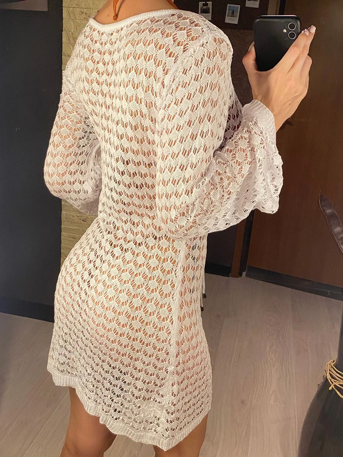 6 Colors Long Sleeve Cut Out Crochet Knitted Tunic Beach Cover Up Cover-ups Beach Dress Wear Beachwear Female Women V6507 swimsuit cover up swimsuit coverup beach suit fishnet cover up beach dress set beach evening dress