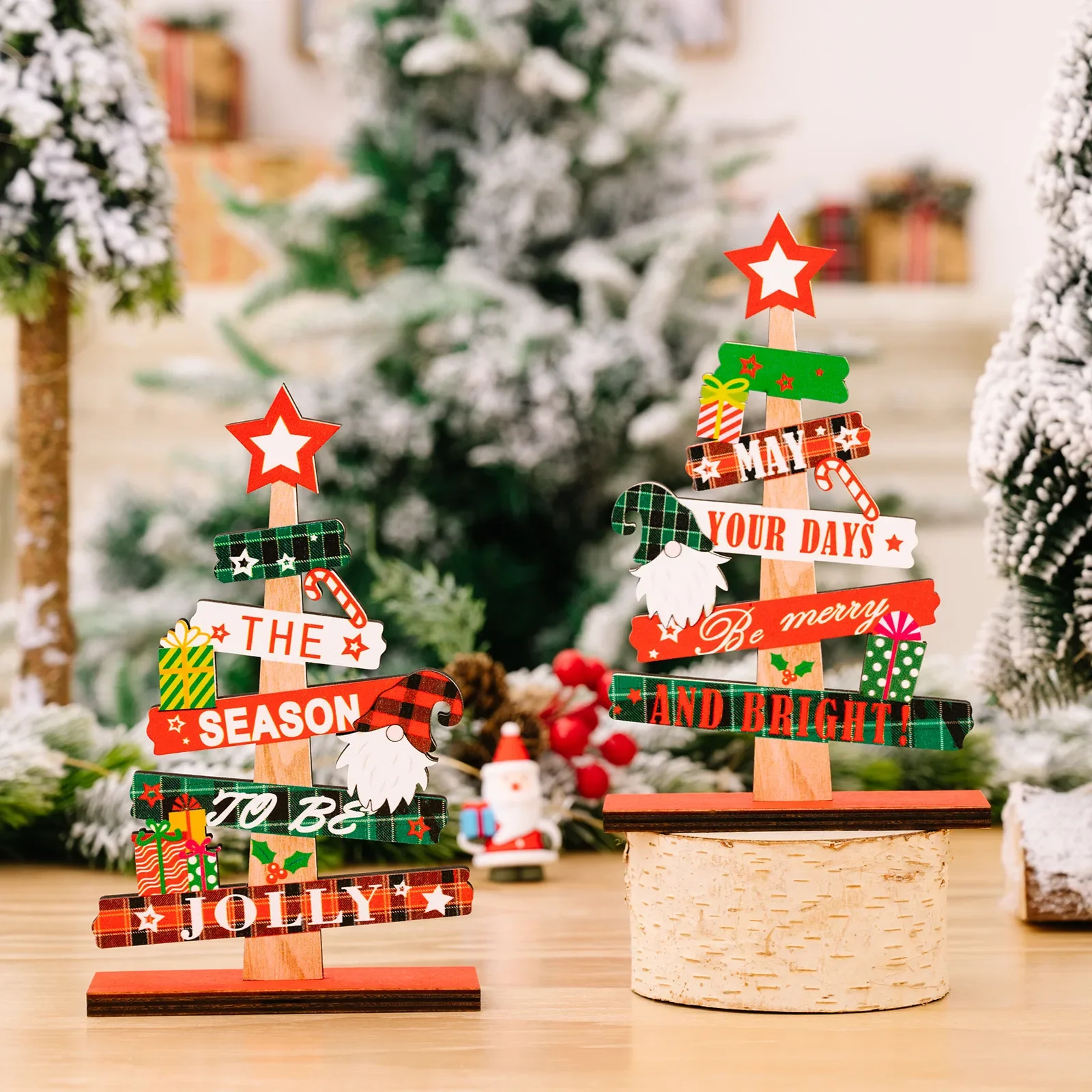 Colorful Wooden Christmas Table Ornaments Cartoon Santa Cluas Xmas Tree Pendants Noel SnowmanNatal Merry Christma Decor 2024