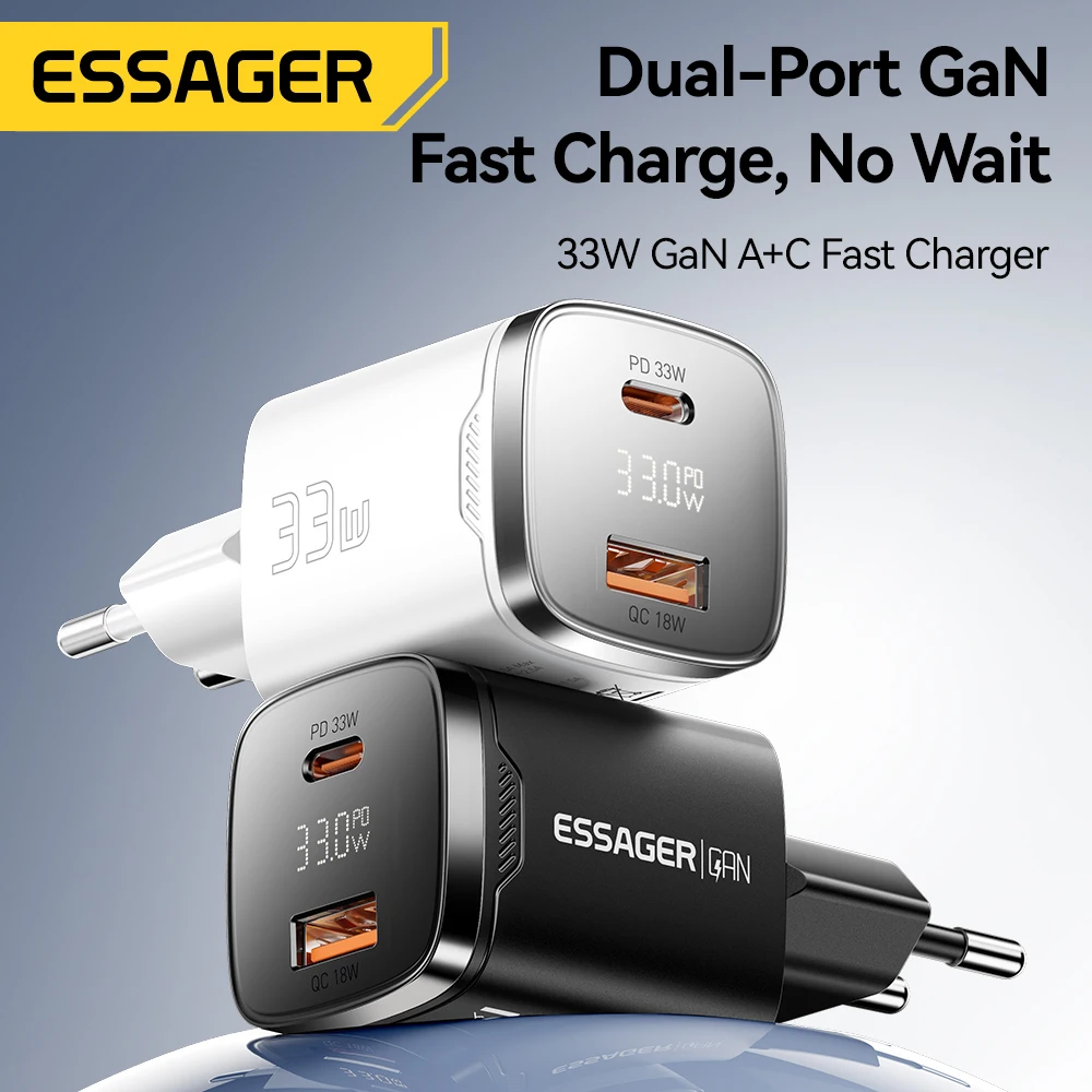 Essager 33W GaN USB Type C Charger Digital Display PD Fast Charging For  iPhone 16 15 14 Pro Max iPad Mini 6 Xiaomi Samsung S22