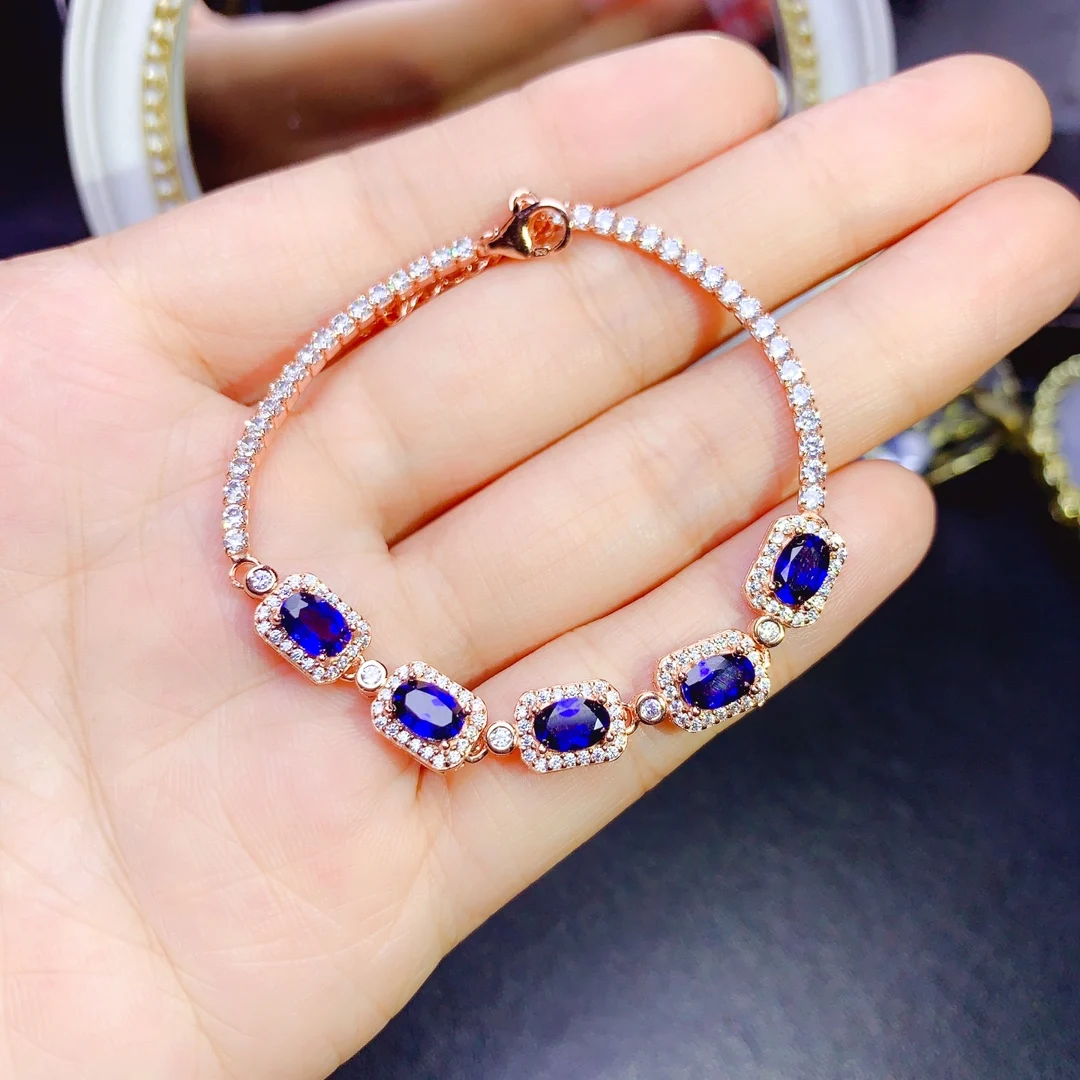 

Natural Sapphire Bracelet, 925 Silver Certified, 4x6mm Blue Gemstone, Girl's Holiday Gift, Free product shipping