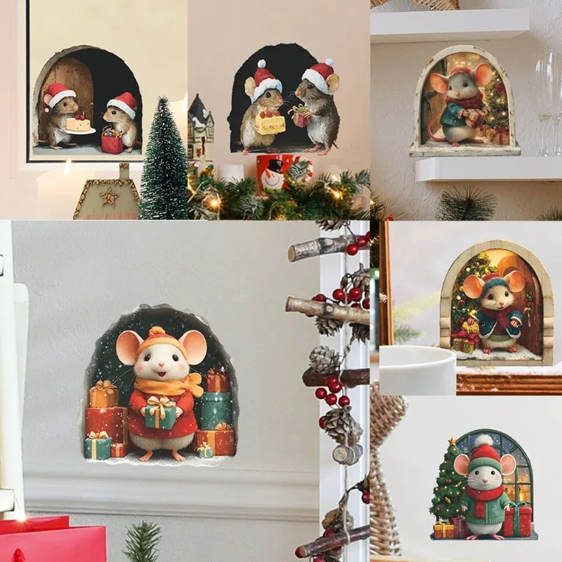 Festive Mouse Wall Decals - Removable Christmas Stickers for Home, Cute Noel Navidad Decor 2025-2026 with Merry Xmas Patterns