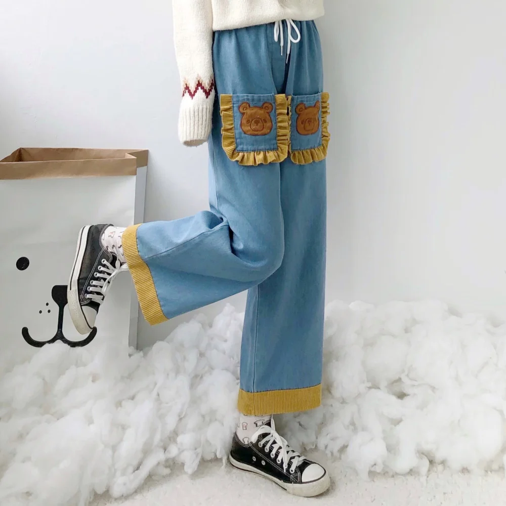 ksubi jeans Japanese Pockets Cute Jeans Teen Girls Elastic Waist Cartoon Bear Denim Trousers Spring Casual Loose Straight Wide Leg Pants buckle jeans