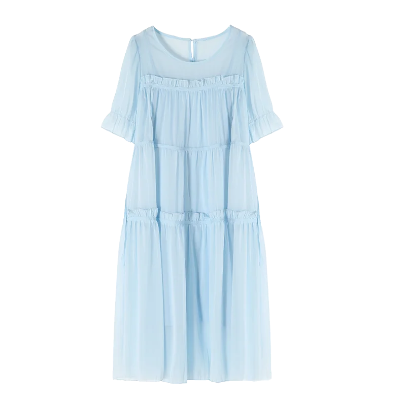 Women Mesh Drawstring Blue Gauze Dress 2022 Summer Short Sleeve O Neck  Loose Beach Party Dresses Plus Size Vestido Robe Clothing - AliExpress