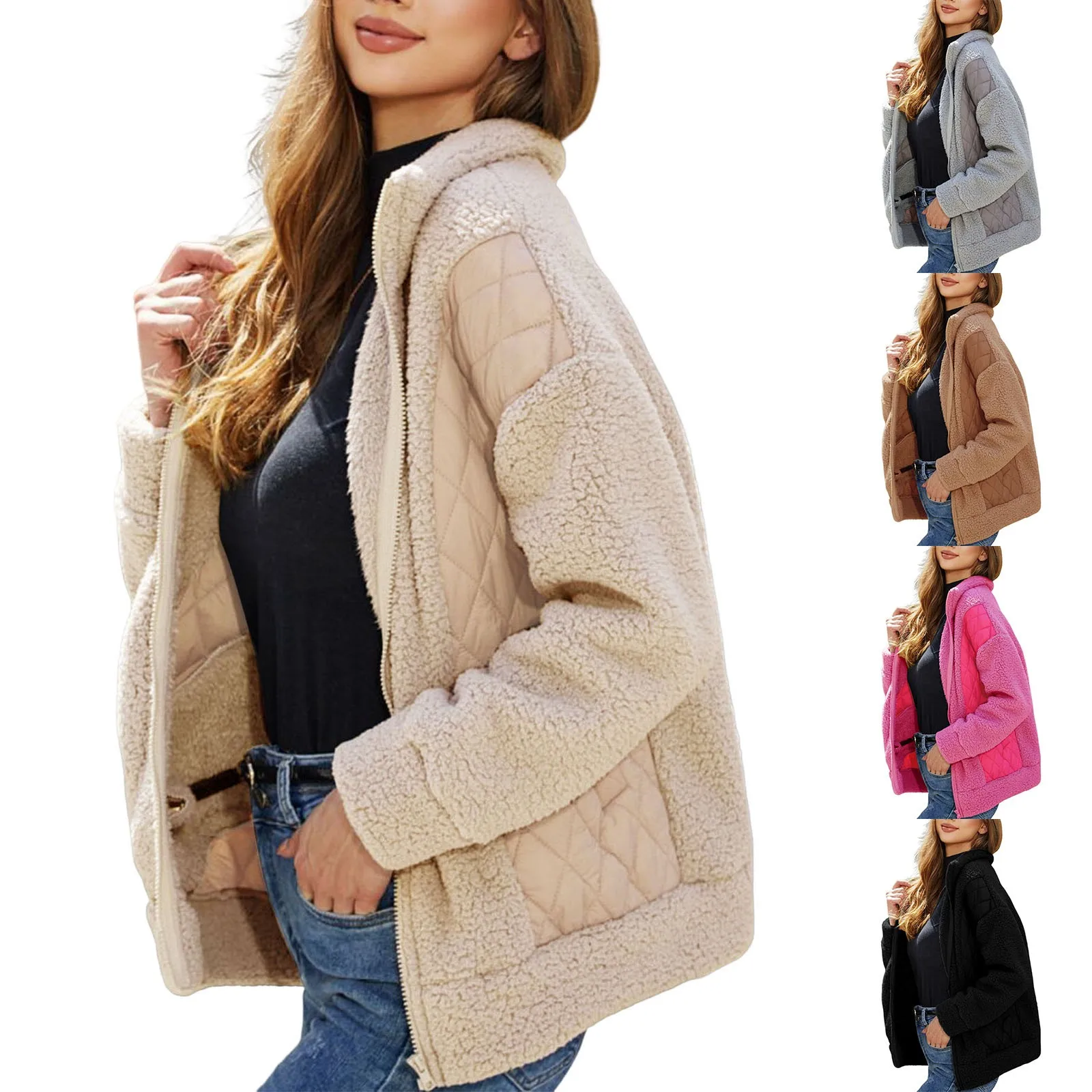 

Women 2023 Fashion Thick Warm Fleece Panelled Jacket Vintage Lapel Long Sleeve With Pockets Sweatshirt Outerwear Streetwear