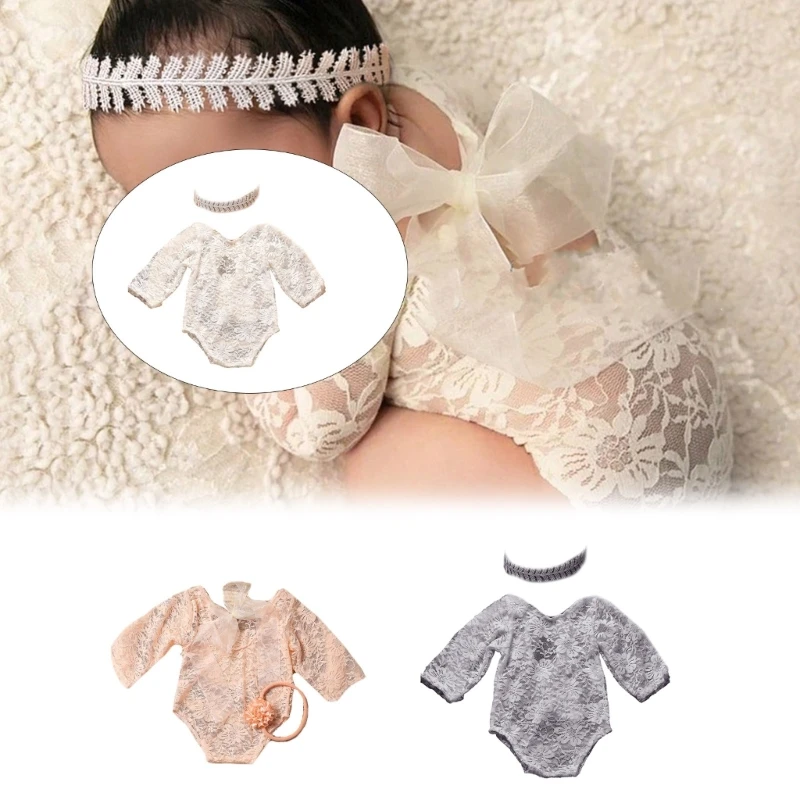 

Newborn Photography Props Baby Lace Romper with Headband Set Backless Mesh Bodysuit for Baby Photoshoot Infant Outfit QX2D