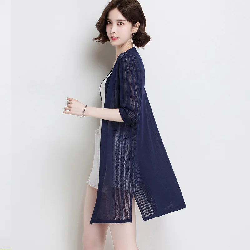 

Ice Silk Sweater Women's Cardigan V-neck Mid-Length Cape Coat Summer Thin Hollow Split Sun Protection Shirt Outer Wear Wholesale