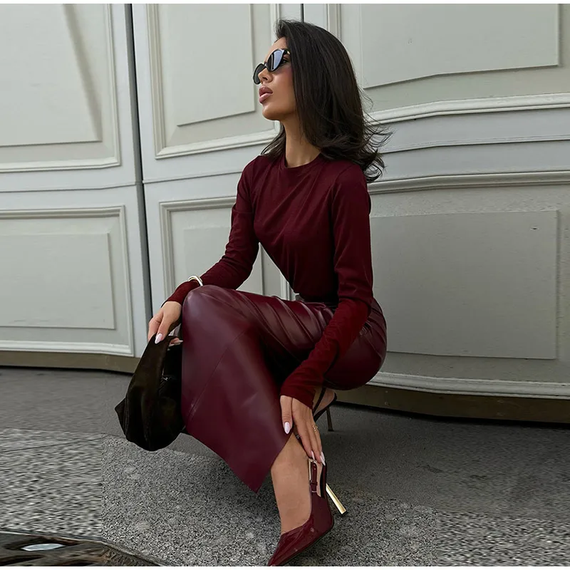 Fashion Burgundy Red Leather Skirt Slim Fit Hip Package Split Skirts Female Autumn Winter Commuting High Street Outwear