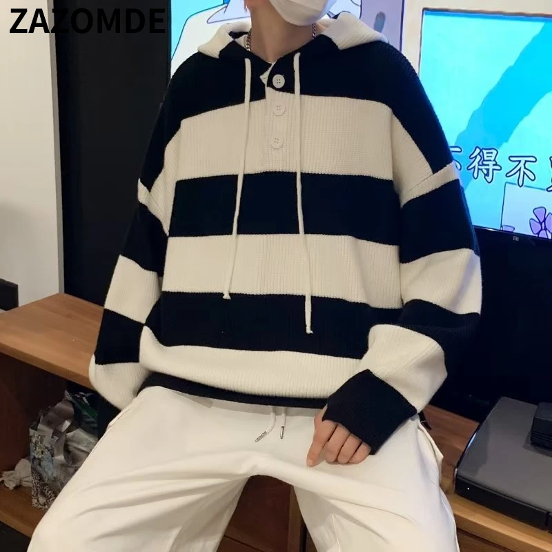 

ZAZOMDE Autumn Hooded Sweater Warm O Neck Long Sleeves Pullover Comfortable Striped Contrast Color Winter Sweater Men Clothes