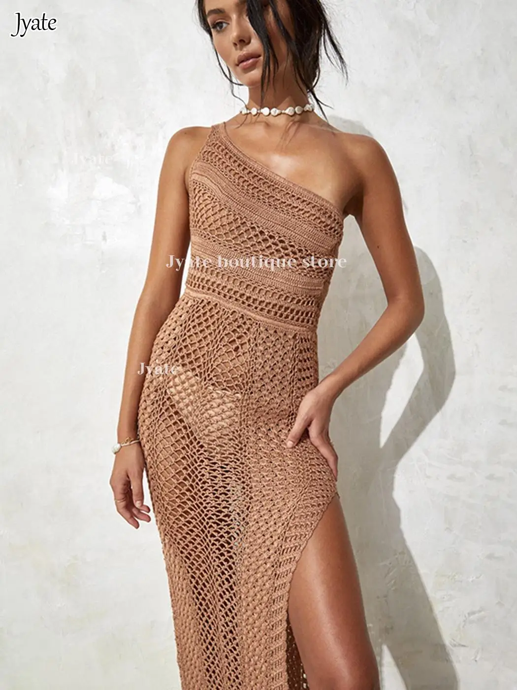 Transparent Beach Dress Women Crochet Knitted Hollow Bikini Robe Diagonal Collar Sleeveless Sheer Sexy Casual Swimwear Cover-ups