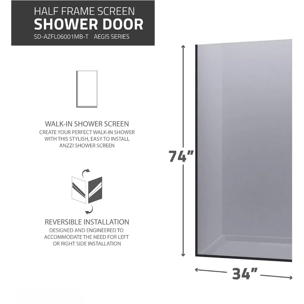 74 X 34 Inch Framed Black Tinted Fixed Glass Shower Screen Shower Door in Matte Black | Veil Water Repellent Tempered Glass 3