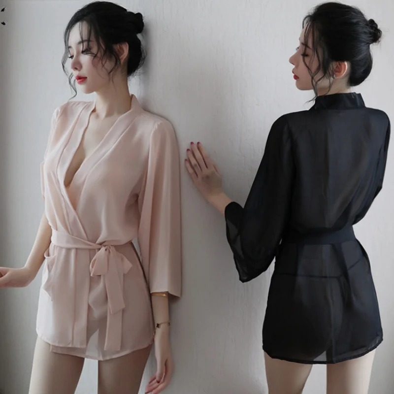 New Sexy Lingerie Lady Sexy See-through Chiffon Bathrobe Night-Robe