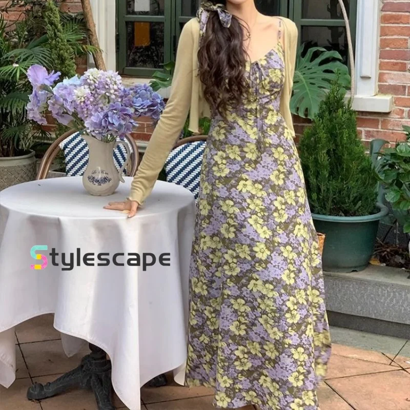 Large French floral waist strap slimming dress+sun protection cardigan temperament gentle style two-piece set for women
