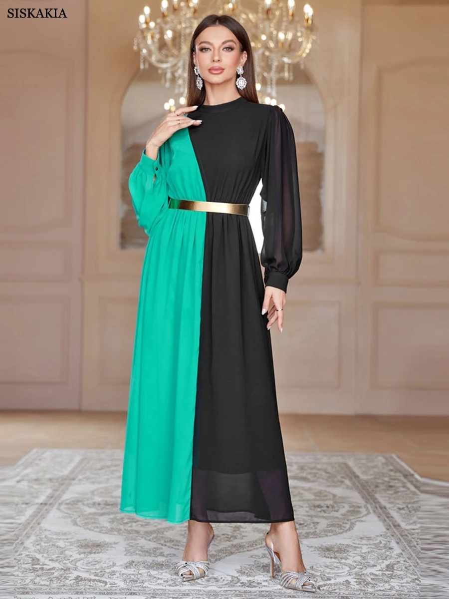 

Siskakia Fashion Patchwork Contrast Color Autumn Women Party Elegant Dress With Sashes Djellaba African Turkish Gulf Kaftan