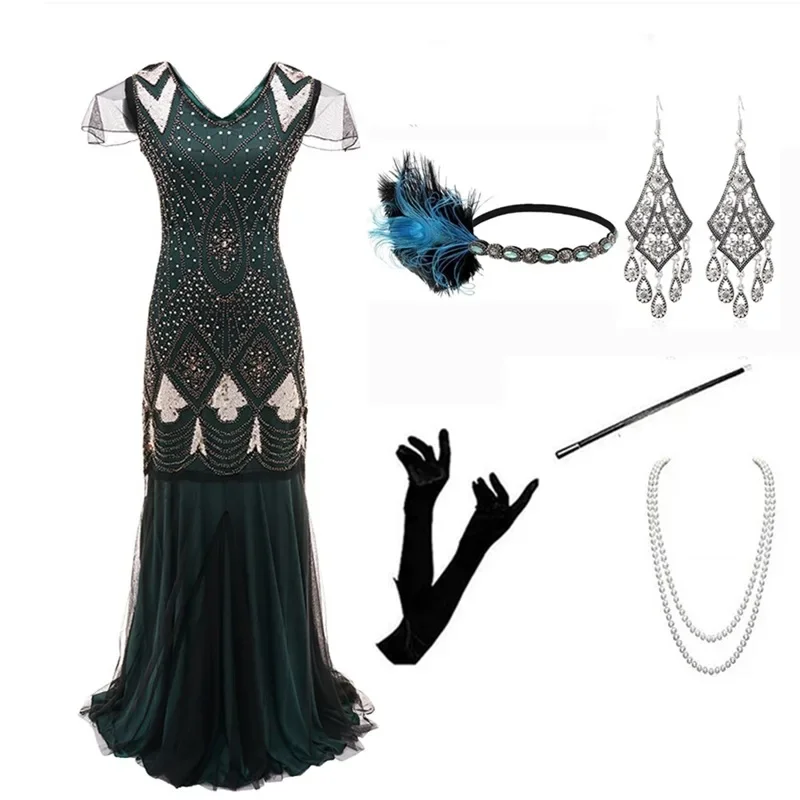 

Sequined Dress Retro V-neck Fishtail Drop Trend 1920 Gatsby Dress Women Short Sleeve Slim Bodycon Ball Long Maxi Party Dress