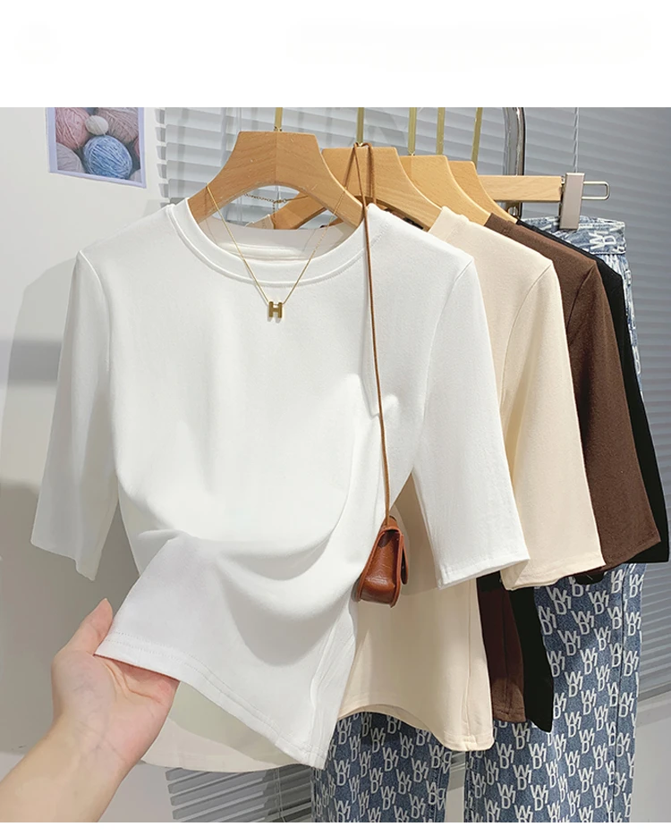 Cotton Womens Crew Neck T-Shirt - Summer Short Sleeve Basic Top