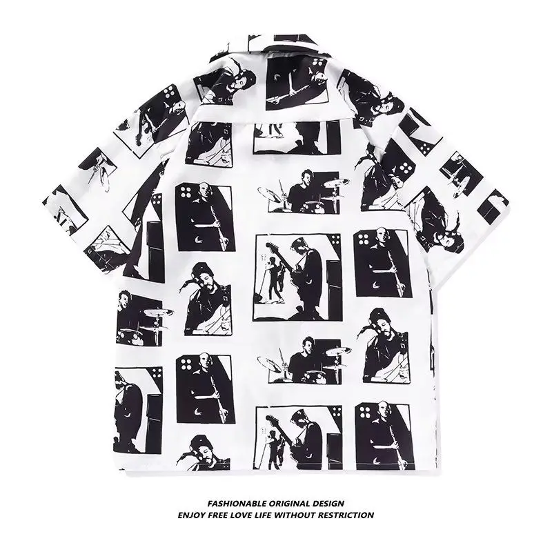 Elegant Fashion Harajuku Slim Fit Male Clothes Casual All Match Tops Square Neck Printed Button Cardigan Short Sleeve Blusa