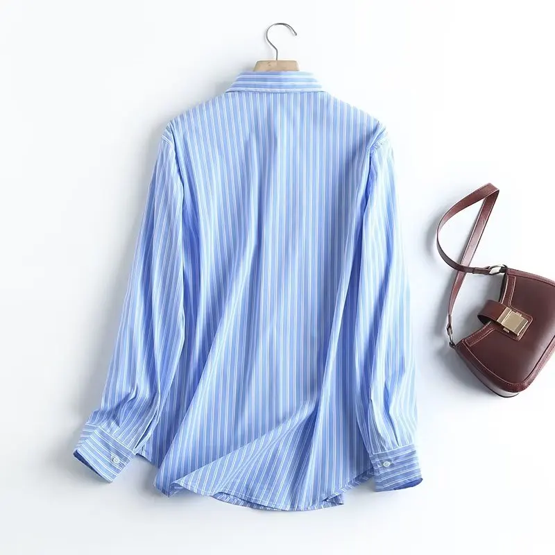 Maxdutti 2023 Spring New England Fashion Blue Striped Shirt Loose Cotton Casual  Tops Blouse Women
