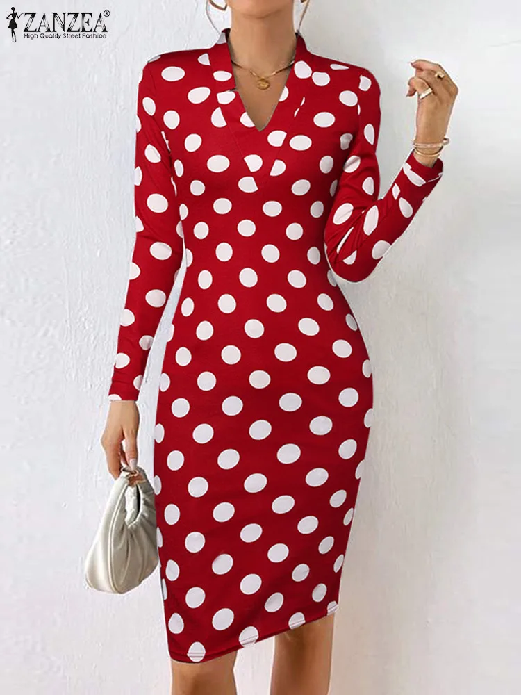 

ZANZEA Slim Party Long Sleeve Shirt Dresses Women Dots Print Wrap Hips Dress Elegant 2023 Autumn Vintage V-Neck Vestidos Femme