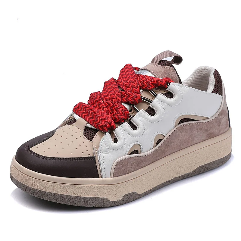 

Fashion Casual Tennis Women's Sneakers Spring Autumn Leather Laces Female Running Shoes Increase Handmade Ladies Sports Flats