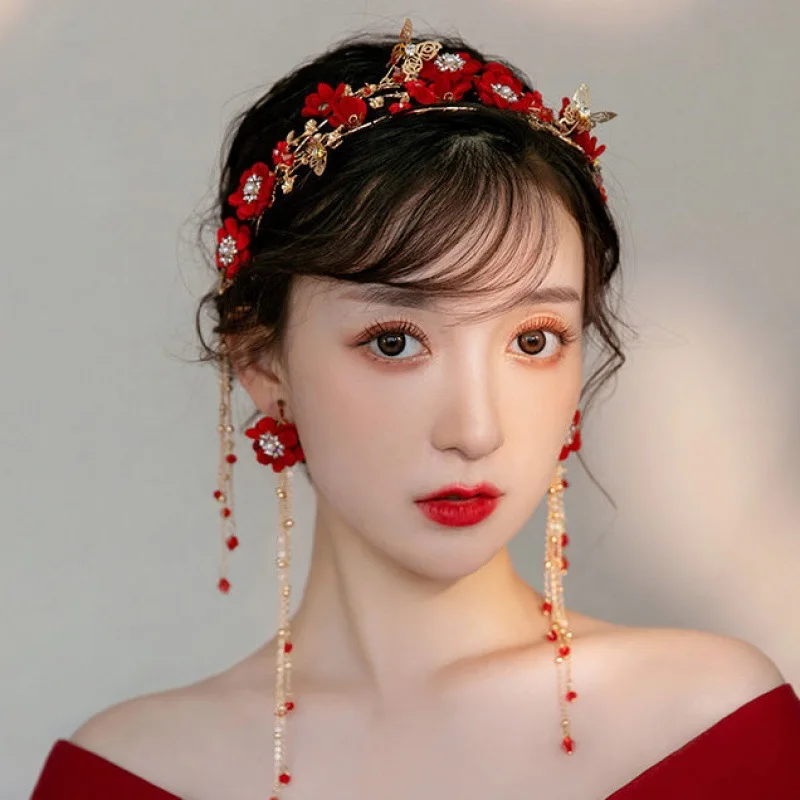 Chinese Women Red Flower Bridal Headpieces Wedding Headbands With Long Tassel Accessories for Brides Tiaras Crowns Headbands
