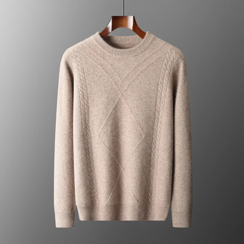 

Autumn/Winter Men's New 100% Cashmere Knitted Apparel Round Neck Solid Large Diamond Pullover Fashion Breathable Blouse