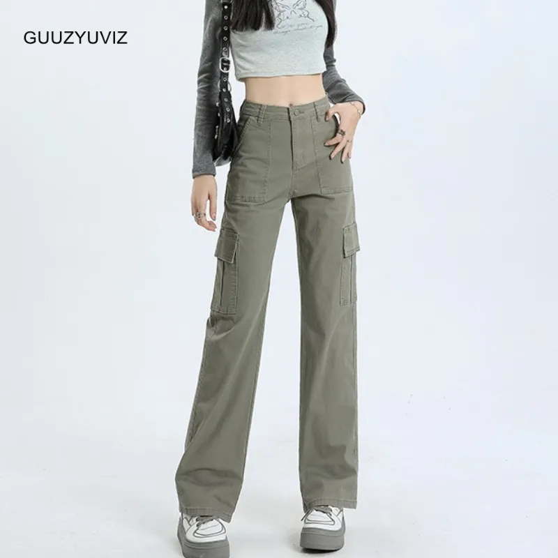 

GUUZYUVIZ Stretch Straight Baggy Multi-pockets Jeans Woman Loose High Waist Denim Cargo Pants Green Khaki Y2k High Street Style