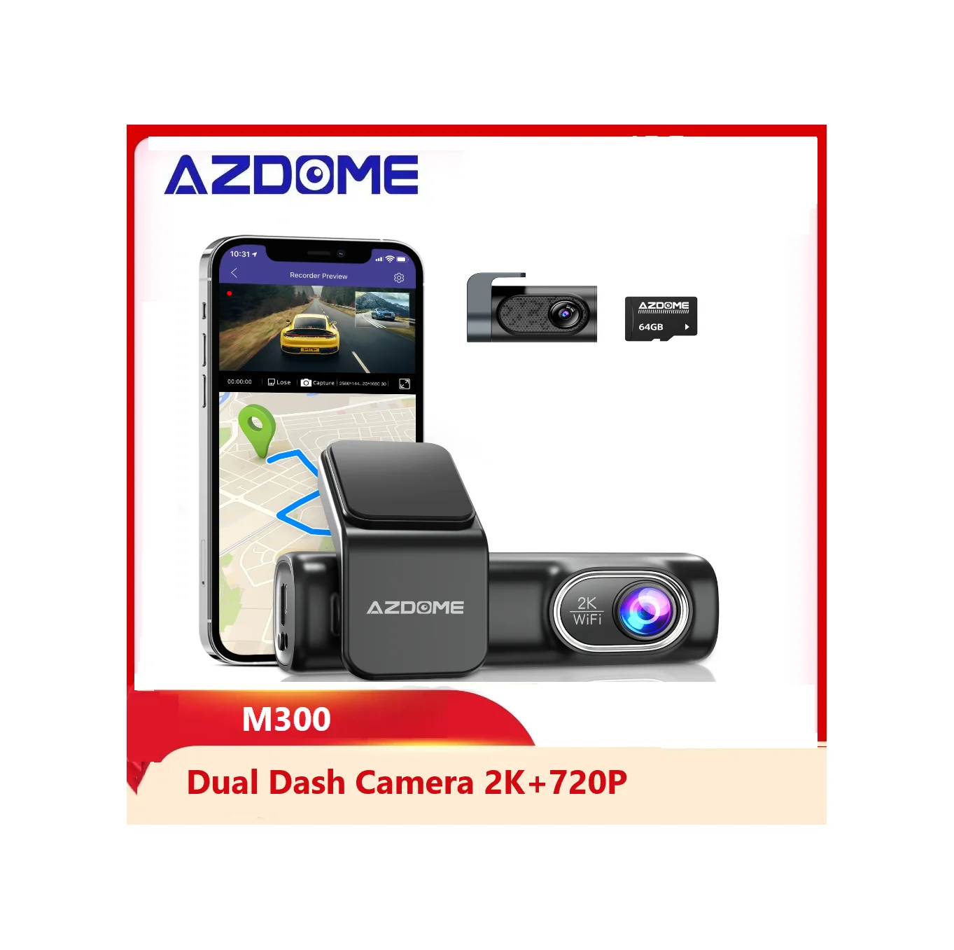 

AZDOME M301 Dual Dash Camera 2K+720P 150 Degree Wide Angle With WiFi GPS Voice Control 24 Hours Parking Monitor Red Dot Design