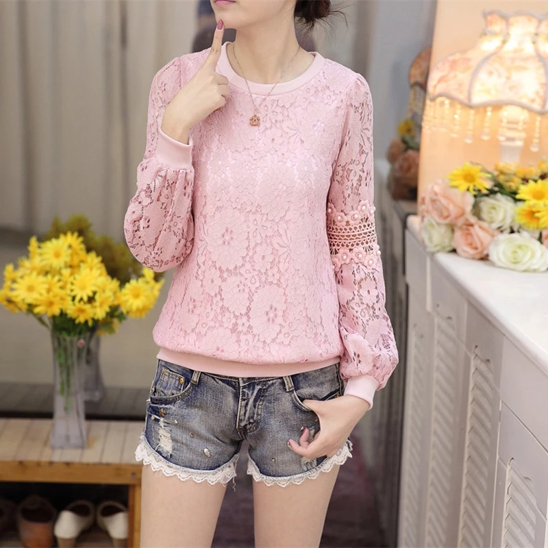 Fashion New Elegant Women's Round Neck Embroidered Long-sleeved Chiffon Shirt Pearl Decorative Hollow Casual Lace Blouse