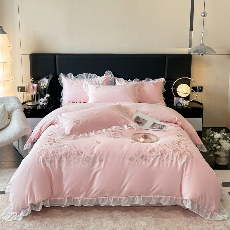 

Princess Style Pink Bedding Set, 100% Cotton, Brushed Lace, Ruffles, Flowers Embroidery, Duvet Cover Set, Bed Sheet, Pillowcases