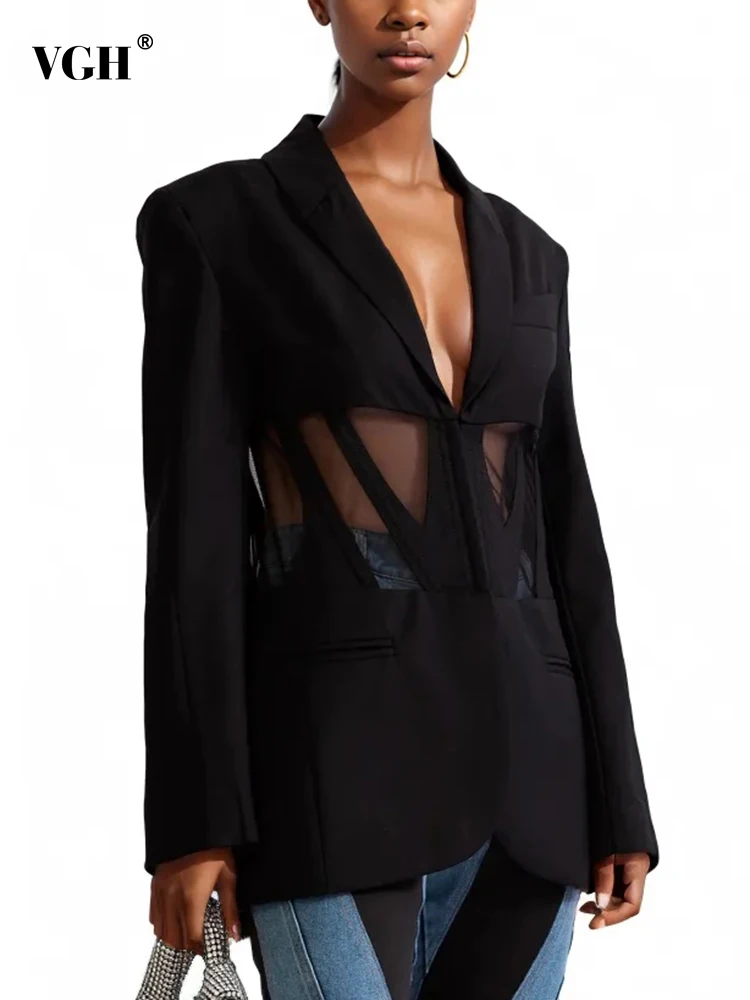 

Женский блейзер с длинным рукавом VGH, пикантный блейзер в стиле пэчворк из прозрачной сетки с английским воротником, женская одежда, новинка