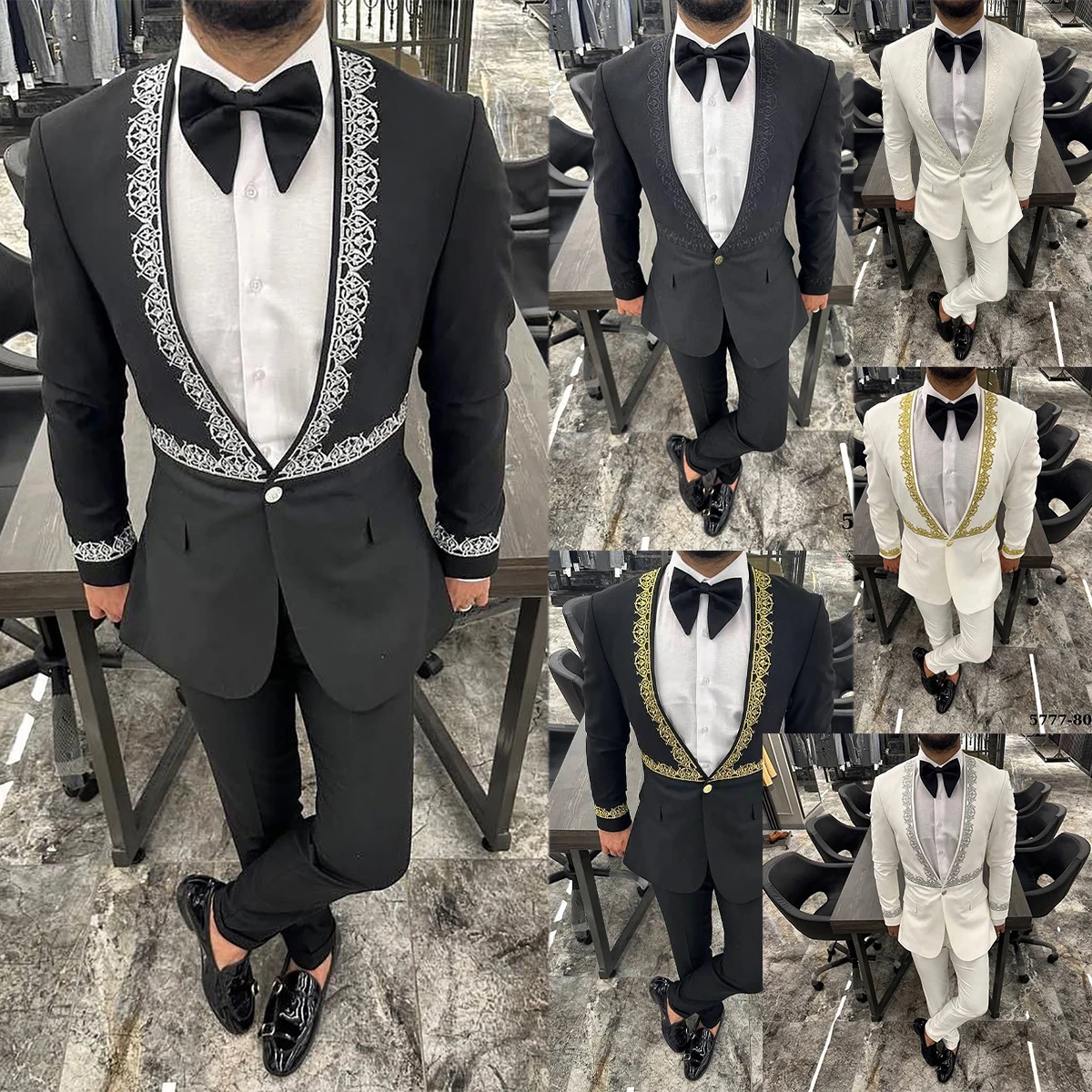 

Handsome Wedding Men Suits Tuxedo No Lapel Lace Applique One Button Customized 2 Pieces Groom Blazer Pants Formal Tailored