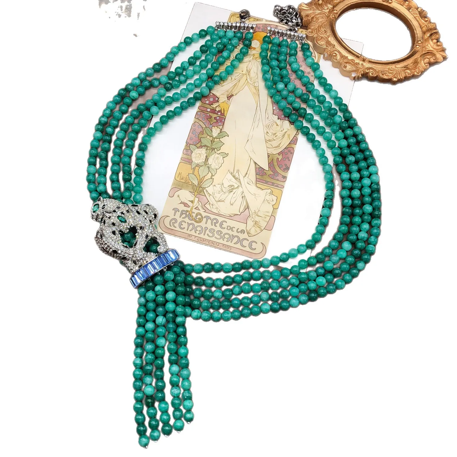 أنيقة متعددة الطبقات الحجر الأخضر حبة قلادة خمر نم...