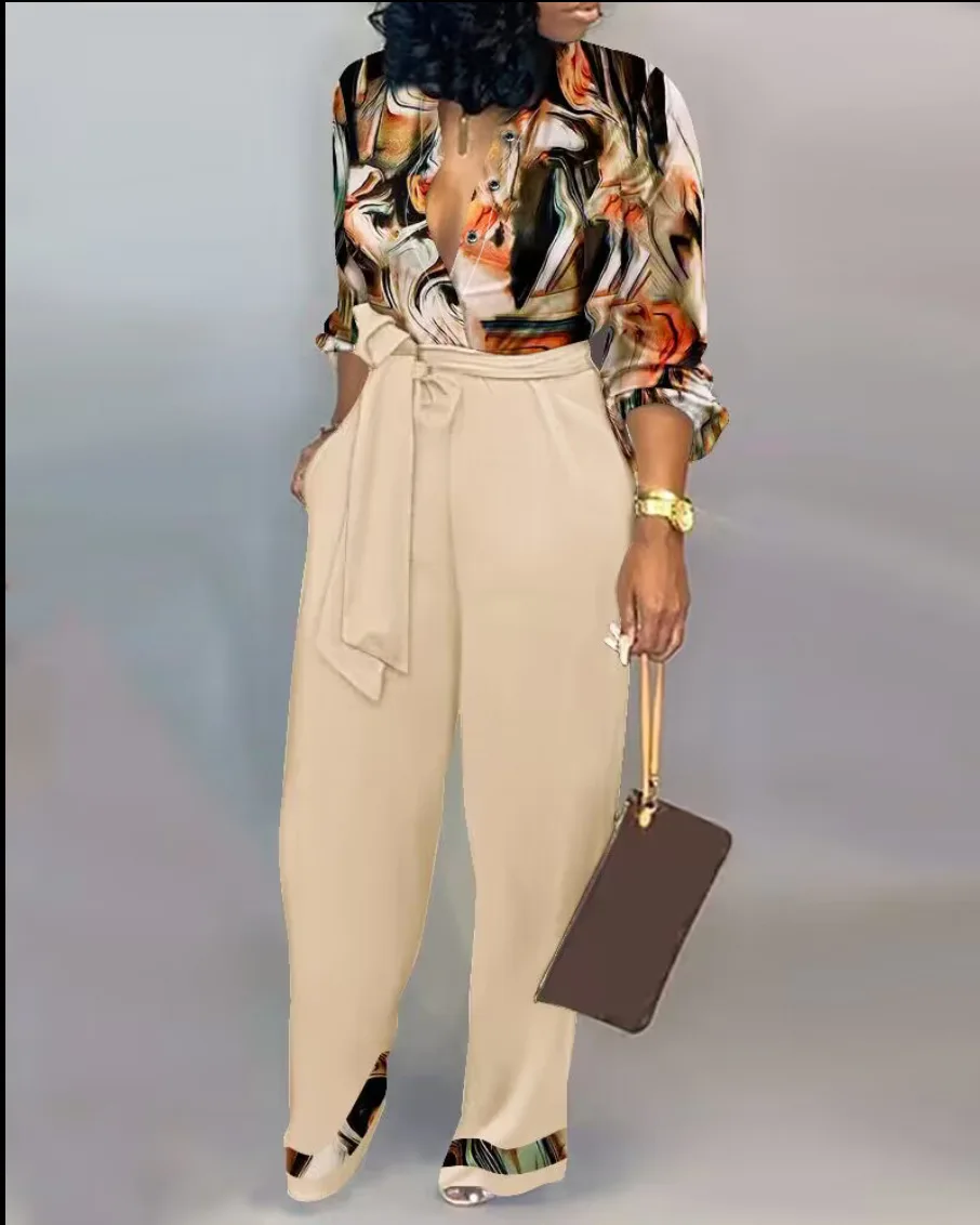 

Fashion Women's Spring And Autumn Printing V-Neck Long Sleeve Button Shirt Elegant Women's High Waist Lace Up Straight Jumpsuit