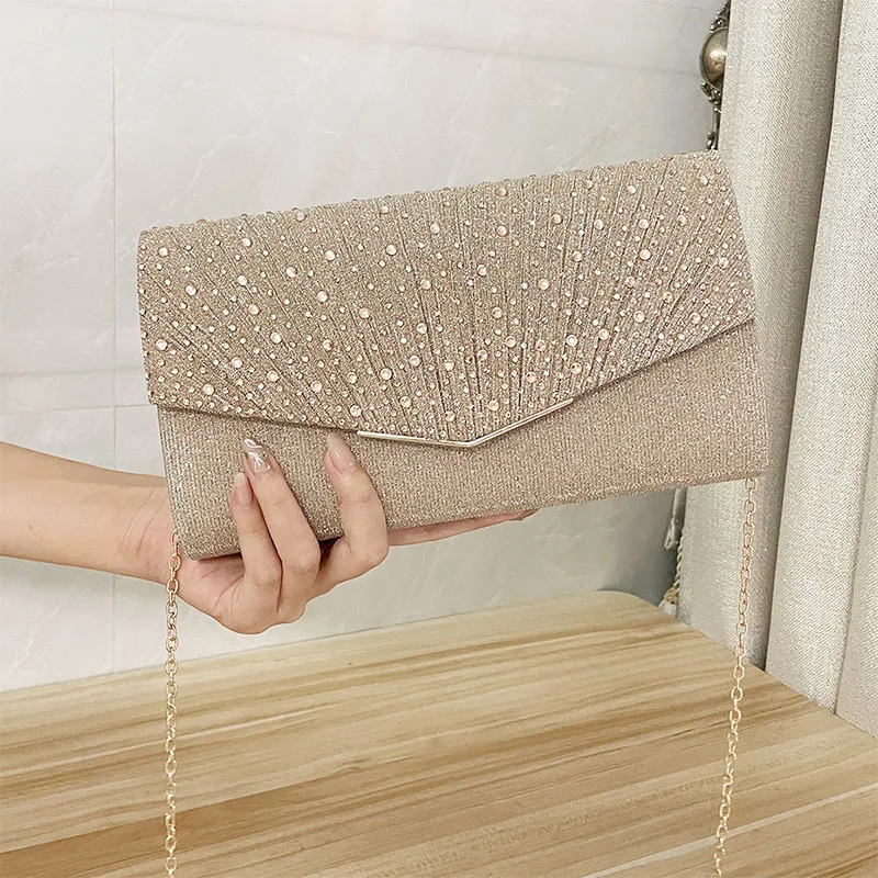 

YYW Glitter Rhinestone Wedding Evening Purse Crystal Envelope Crossbody Shoulder Clutch Bag for Women Pleated PU Leather Handbag