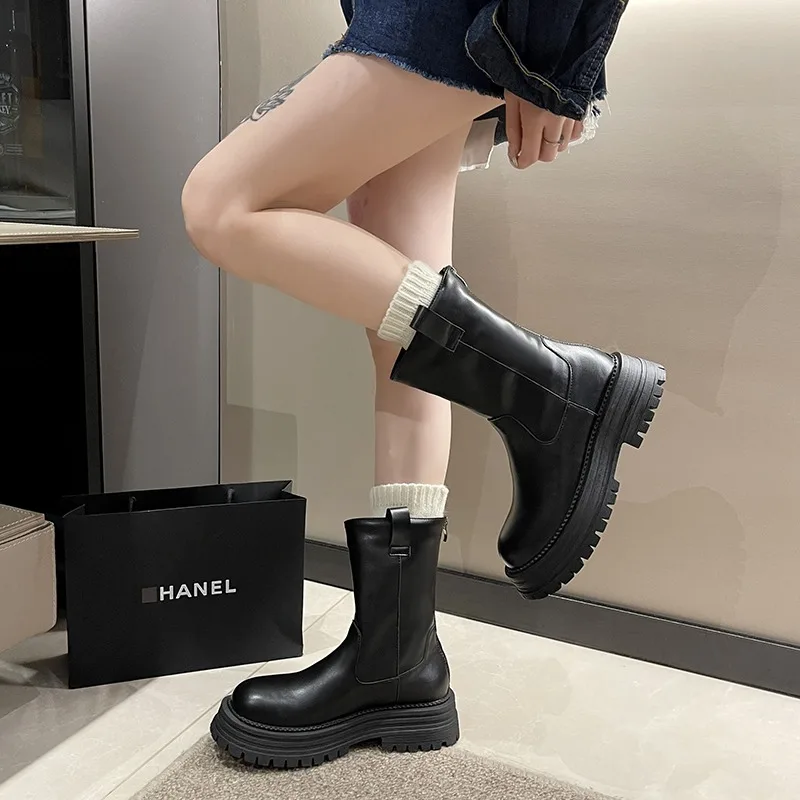 2023 New Ladies Shoes Back Zip Women's Boots Fashion Solid Casual Boots Women High Quality Round Toe Mid-Calf Shoes Female
