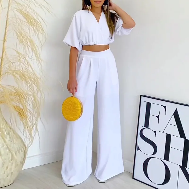 

Summer V-neck Tshirt Top High Waist Wide-Leg Pants Suit Women Suit Trousers Two Piece Sets Outfits Short-Sleeved Top