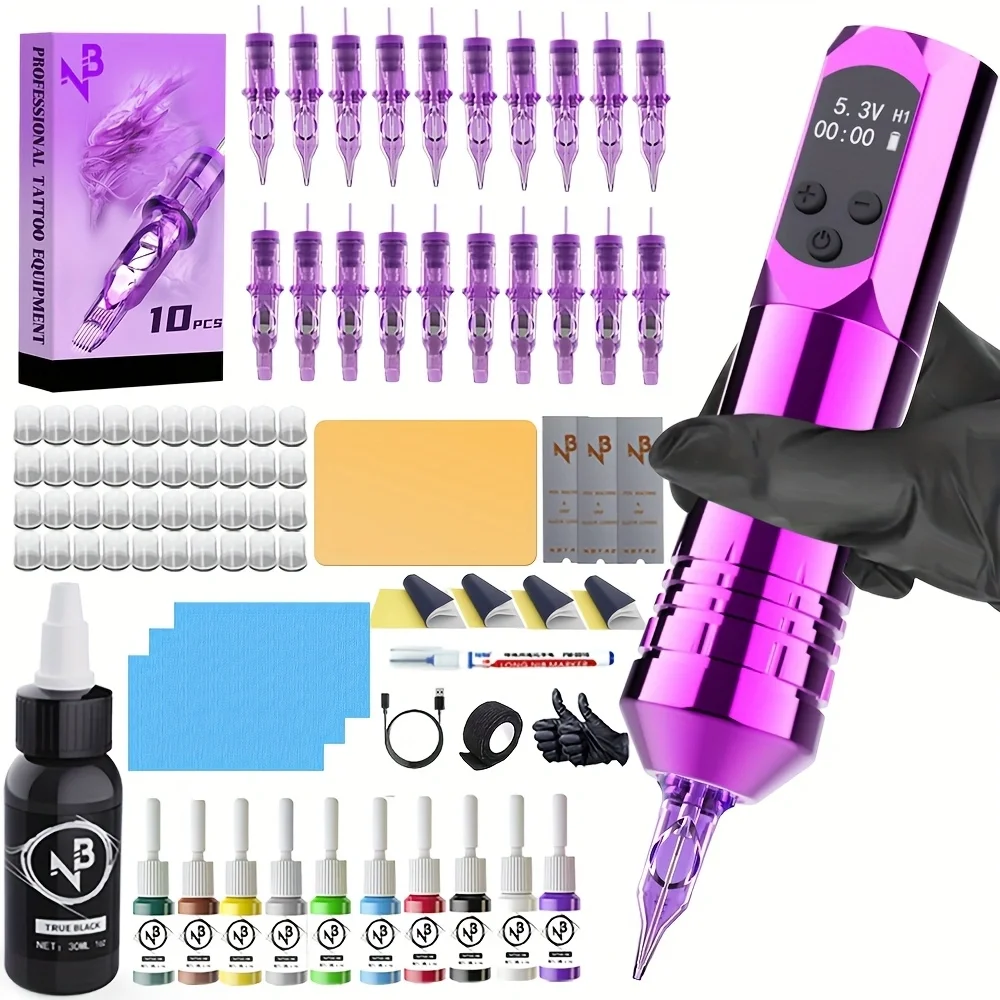 Tattoo Kit Wireless Tattoo Pen Kit Wireless Tattoo Gun Set Configuration with 20 Cartridge Needles and 40 Ink Cups Professional Machine Supplies for Beginners and Masters Lovers' Gifts