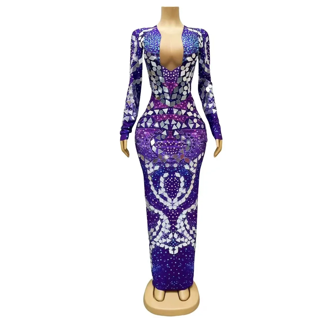 

Elegant Printed Mirror Rhinestones Long Dress for Women Purple Birthday Prom Evening Celebration Party Costume Singer Stage Wear