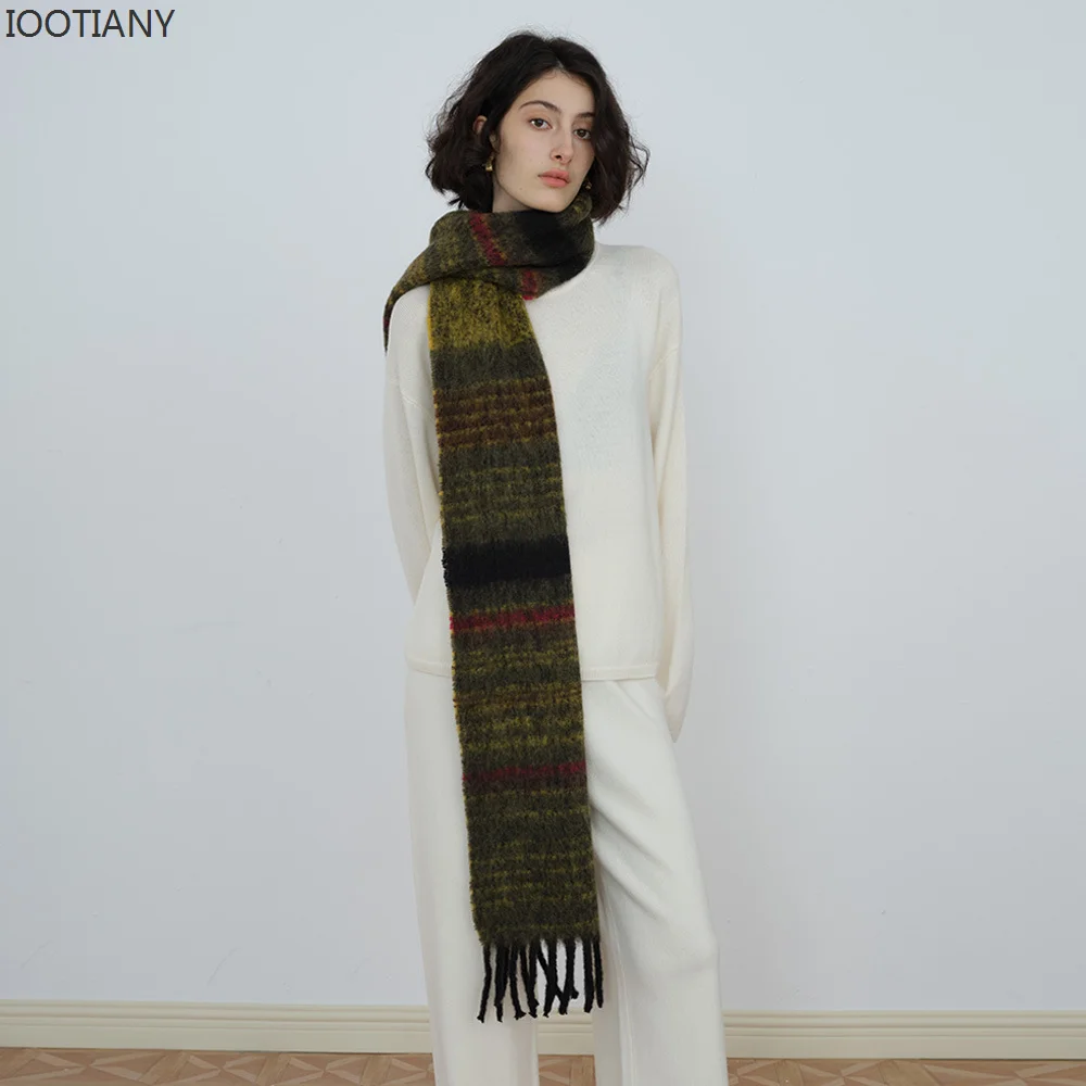 IOOTIANY New Autumn And Winter Warm Scarf Wool Blended Saturn Striped Scarve Women\'s Casual Fringed Plaid Shawl