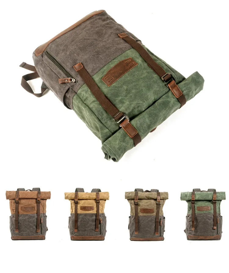 Europe and the United States retro canvas bag oil wax canvas contrast backpack outdoor hiking hiking backpack student schoolbag 6