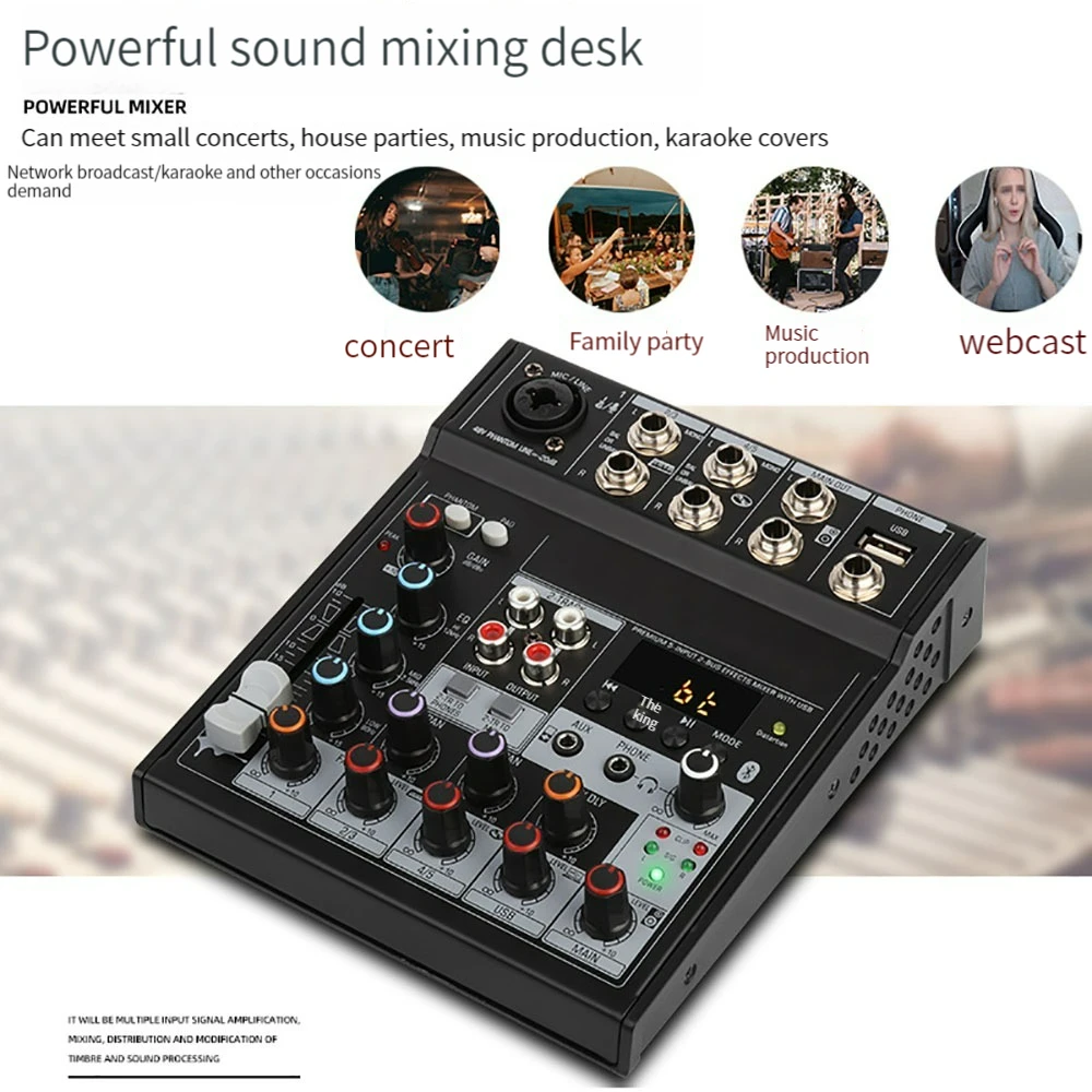 TG502 오디오 믹서 블루투스 오디오 수신기 믹싱 콘솔, 노래방 믹서, Dj 4 채널 스테레오 사운드 보드, 팬텀 파워 48V