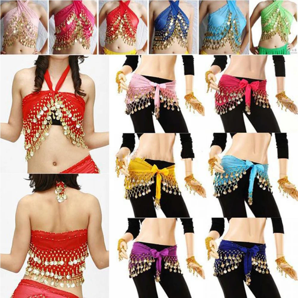 Belly Dance 3 Rows Gold Coin Belt Hip Scarf Skirt Wrap Chain Dancing Costume 